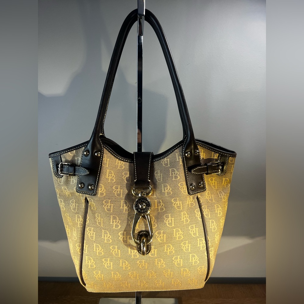Dooney & Bourke Light Brown/Tan DB Cotton Canvas with Dark Brown Trim Bag